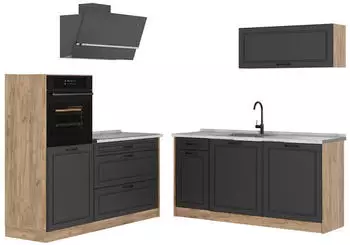 VICCO R-Line K&uuml;chenzeile Anthrazit Landhaus/Goldkraft Eiche 160cm, Arbeitsplatte Marmor