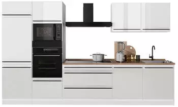 VICCO R-Line K&uuml;chenzeile wei&szlig; hochglanz/wei&szlig;, Arbeitsplatte Marmor, 340cm
