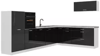 VICCO R-Line Eckk&uuml;che schwarz Hochglanz/wei&szlig;, ohne Arbeitsplatte, 327x143x46cm