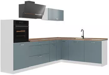 VICCO Eckk&uuml;che R-Line, blau-grau/wei&szlig;, 287cm, Arbeitsplatte Goldkraft Eiche