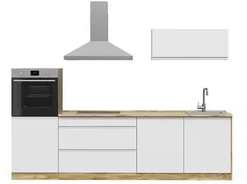 VICCO R-Line K&uuml;chenzeile wei&szlig;/Goldkraft Eiche 280cm Arbeitsplatte Platin (70611)