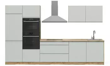 VICCO R-Line K&uuml;chenzeile pastellgr&uuml;n/Goldkraft Eiche 340cm, Arbeitsplatte wei&szlig; (70597)