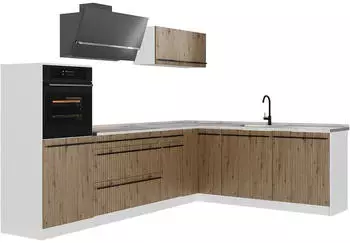 VICCO Eckk&uuml;che R-Line, Artisan-Eiche/wei&szlig;, Arbeitsplatte Marmor, 287cm