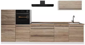 VICCO R-Line K&uuml;chenzeile Sonoma/wei&szlig; 340cm, Goldkraft Eiche Arbeitsplatte