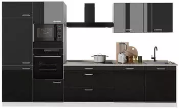 VICCO K&uuml;chenzeile R-Line 340cm, schwarz Hochglanz/wei&szlig;, Marmorarbeitsplatte