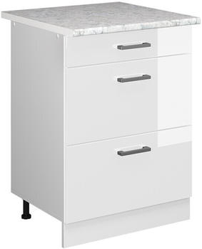 VICCO Schubladenunterschrank R-Line 60 cm Weiß/Weiß Hochglanz modern 3 Schubladen Arbeitsplatte
