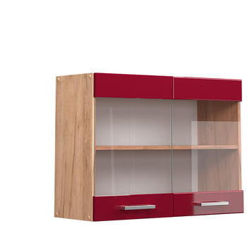 VICCO Glash&auml;ngeschrank R-Line 80 cm Eiche/Bordeaux-Rot Hochglanz modern