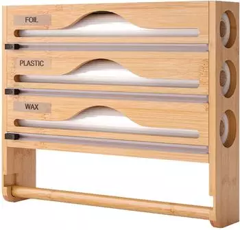 Relaxdays Wandrollenhalter 4-in-1 Bambus, Küchenrollenhalter & Folienschneider