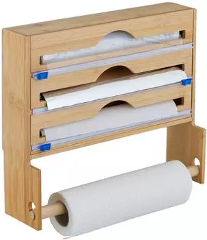Relaxdays Folienspender mit Küchenrollenhalter, Wandmontage, Bambus, 31x36x10cm (10050723)