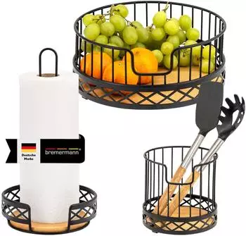 bremermann K&uuml;chenutensilien 3er Set K&uuml;chenrollenhalter, Utensilienhalter & Obstkorb, Bambus/Metall (7050200)