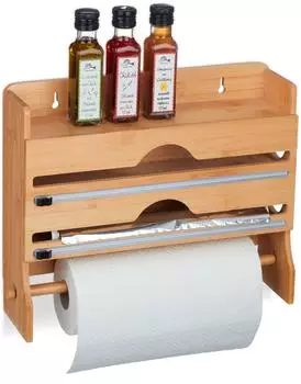 Relaxdays Wandrollenhalter 3-in-1 Holz/Metall, hellbraun (10045696)