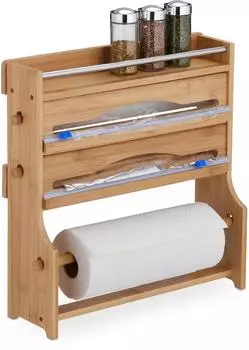 Relaxdays Wandrollenhalter 3-in-1 mit Gewürzregal, Bambus, 40x40x11,5cm (10046719)