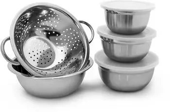 Relaxdays Schüssel-Set Edelstahl, 5-teilig, stapelbar, mit Küchensieb (10019118)