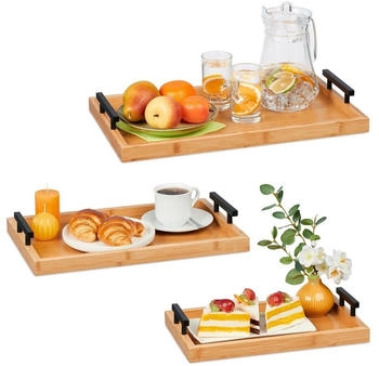 Relaxdays Tablett Frühstückstablett Küchentablett stapelbar Bambus Tablett Serviertablett