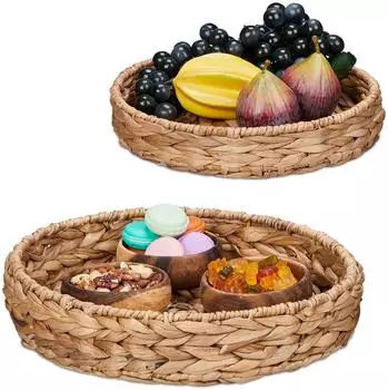 Relaxdays Tablett-Set, rund, 2-teilig, Wasserhyazinthe, geflochten