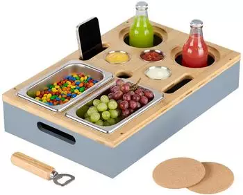 Relaxdays Couchbar Sofatablett mit Snackschalen, Bambus