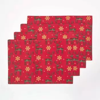 Homescapes 4er-Set Weihnachts-Tischsets Rentier 30x45 cm, rot