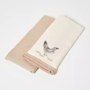Homescapes Geschirrt&uuml;cher Waffelpiqu&eacute; Baumwolle "Rooster" 2er-Set, 40x60cm