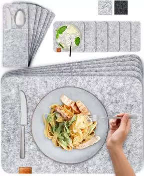 MIQIO Platzset 18er-Set aus Filz, hellgrau, mit Lederapplikation (6 Platzsets, Glasuntersetzer, Bestecktaschen)