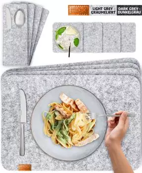 MIQIO Tischset aus Filz, 12er-Set (Platzsets, Glasuntersetzer, Bestecktaschen), hellgrau (4260524230154)