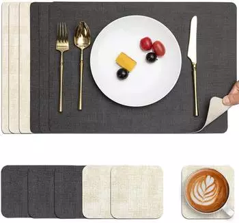 LuxusKollektion Tischsets Kunstleder doppelseitig, rutschfest, grau/cremewei&szlig;, 6er-Set