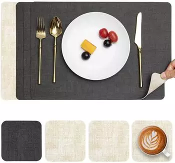 LuxusKollektion Tischsets Kunstleder, abwaschbar, doppelseitig, grau/cremewei&szlig;, 4er-Set
