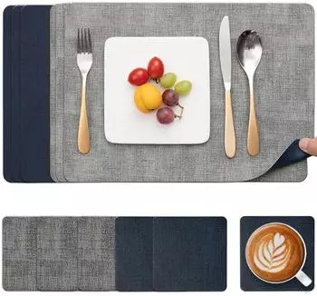 LuxusKollektion Platzsets Kunstleder, abwaschbar, rutschfest, grau/blau, 6er-Set