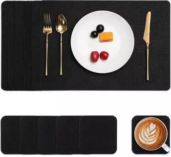 LuxusKollektion Tischset Kunstleder, abwaschbar, rutschfest, schwarz, 6er-Set