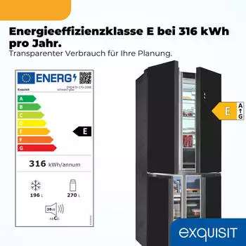 Exquisit EMD470-170-200E schwarz-glas – Exquisit EMD470-170-200E schwarz-glas – Großzügiger Familienkühlschrank mit effizienter NoFrost-Technik
