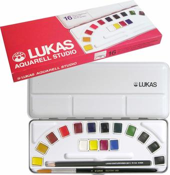 Lukas Aquarell Studio Aquarellfarben in Premium-Qualität Set mit 16 x 1/2-Näpfchen mit Pinsel und Bleistift im Metallkasten