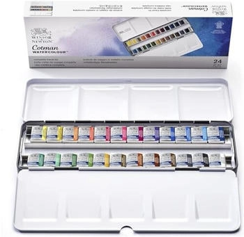 Winsor & Newton 0390645 Cotman Aquarellfarben Metal Sketch Box 24x in 1/2 Näpfen mit Mischpalette