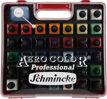 Schmincke AERO Color Professional Kunststoff-Koffer 37 x 28 ml feinst-flüssige Acrylfarben + AERO CLEAN RAPID 81 136 097 Airbrush Acrylmalerei Mixed Media