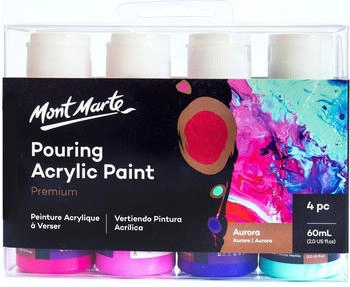 Mont Marte Pouring Set Aurora 4 Stück x 60ml Acryl Pouring Acrylfarben mit Pouring Medium vorgemischt Shiraz Rosa Ultramarin Blau Minz Grün