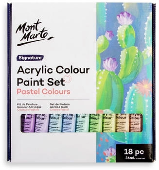 Mont Marte Acrylfarbe Set Pastell – 18 x 36ml – Starke Deckkraft und Seidenmattes Finish – Pastellfarben für Leinwand Papier Ton Holz Steine uvm.