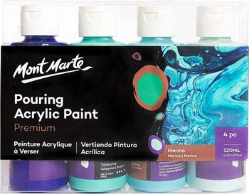 Mont Marte Bastelfarbe Premium Pouring Acrylfarbe Gieß-Acryl je 4 x 120 ml Farbe Marina Untereinander vermischbar & bereits mit Medium vorgemischt
