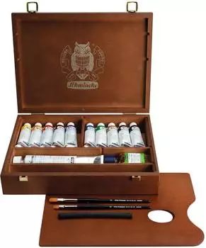 Schmincke Norma Blue 71 752 097 feinste wasservermalbare Künstler-Ölfarben Holzkasten mit 11 Farben und Zubehör, 10x 35 ml, 1x 120 ml Titanweiß