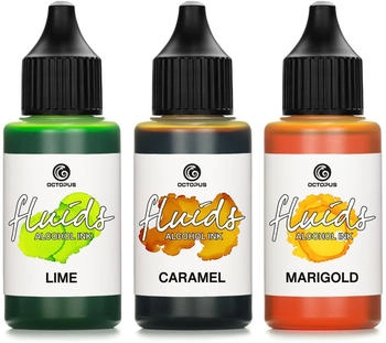 Octopus Octopus 3x 30 ml Fluids Alcohol Ink Set Lime, Caramel, Marigold Alkohol Ink, Alkoholtinte für Fluid Art, Resin Art und Epoxidharz Farbe