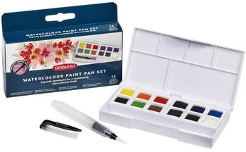Derwent Aquarellfarben, 12-teiliger Malkasten, Watercolour Paint Pan, wasserlösliche Aquarellfarben, ideal zum Malen, Profi-Qualität, Reisegröße, 2306323
