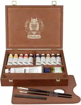 Schmincke MUSSINI feinste Harz-Ölfarben Premium Holzkasten Ölmalerei 10 x 35 ml Set 70 213 097 nussbaum-gebeizt Weiß 150 Zeichenkohle 2 daVinci Pinsel