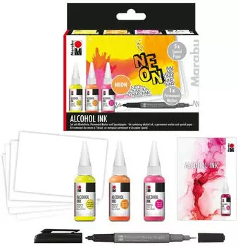 Magni K&uuml;nstlerfarbe Bastelfarbe Marabu Set Neon 3 x 20 ml Alkohol Tinte 1 Permanent Marker (1216000000102)