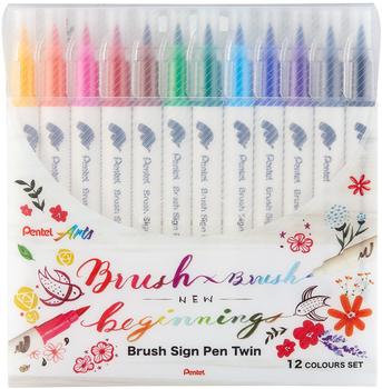 Pentel Pentel Brush-Pen SESW30C-12 Brush Sign Pen Twin farbig sortiert 2 Pinselspitzen flexibel 12 St&uuml;ck