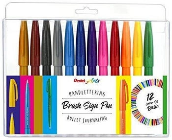 Pentel Brush-Pen SES15-12 Brush Sign Pen Set farbig sortiert Pinselspitze flexibel 12 St&uuml;ck
