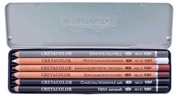 Cretacolor Malstifte Zeichenstift 6tlg. Basisset (Nero Kohle Sepia Rötel Weisskreide Graphite Aquarell 4B 6 x)