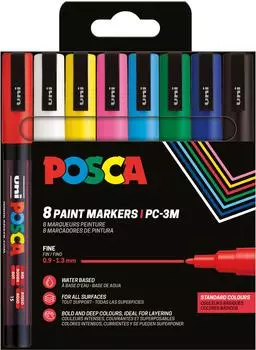 uni Acrylstifte PC-3M Pigmentmarker sortiert Rundspitze 8 Stück Grundfarben