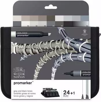 Winsor & Newton ProMarker Set 24 Stück, Schwarz- & Grautöne, Stiftemäppchen (0290081)