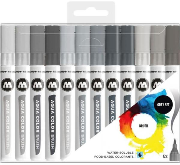MOLOTOW Aqua Color Brush Grey-Set 1 1-2 mm sortiert 12 Farben (MO200493)