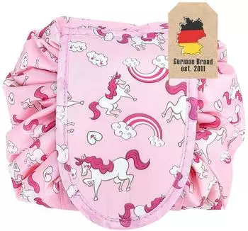 Intirilife Kosmetiktasche rund, rosa, wei&szlig;e Pferde, Kordelzug (IL-100113)