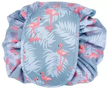 Intirilife Kosmetiktasche rund mit Kordelzug, grau/rosa Flamingo (IL-100115)