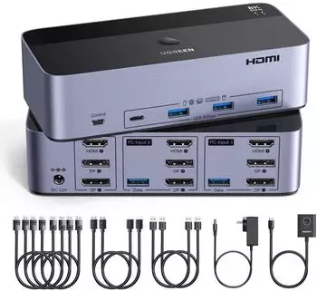 Ugreen HDMI + DisplayPort Triple Monitor KVM Switch 2 In 3 Out