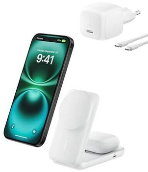 Belkin UltraCharge Faltbare magnetische 2-in-1-Ladestation mit Qi2 25W Wei&szlig;